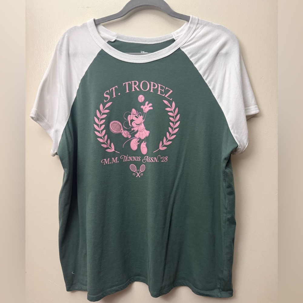 White & Forest Green Raglan Tee with Pink St. Tropez Graphic